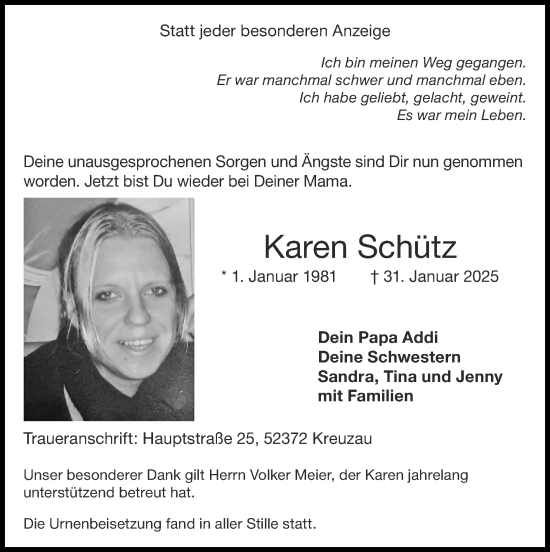 Traueranzeige von Karen Schütz von Zeitung am Sonntag