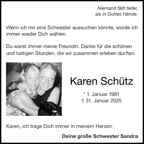 Traueranzeige von Karen Schütz von Zeitung am Sonntag