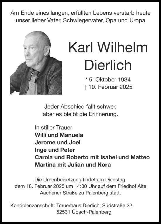 Traueranzeige von Karl  Dierlich von Zeitung am Sonntag