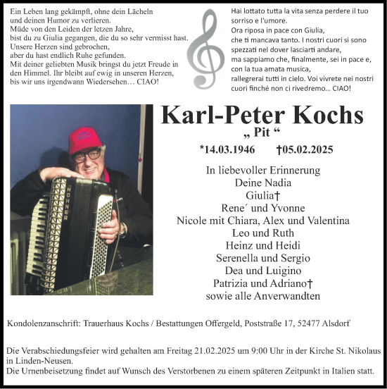 Traueranzeige von Karl-Peter Kochs von Zeitung am Sonntag