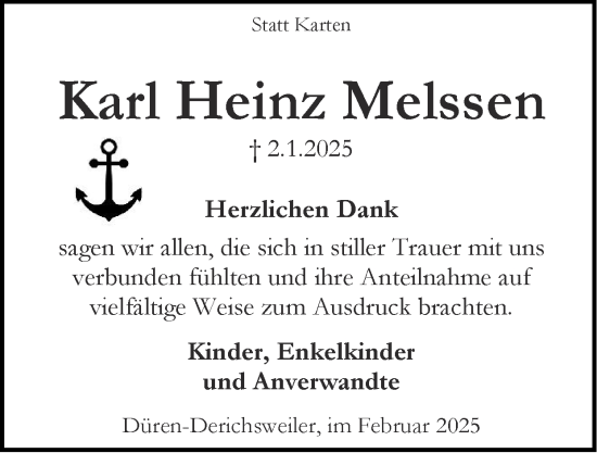 Traueranzeige von Karl Heinz Melssen von Zeitung am Sonntag