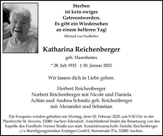 Traueranzeige von Katharina Reichenberger von Zeitung am Sonntag