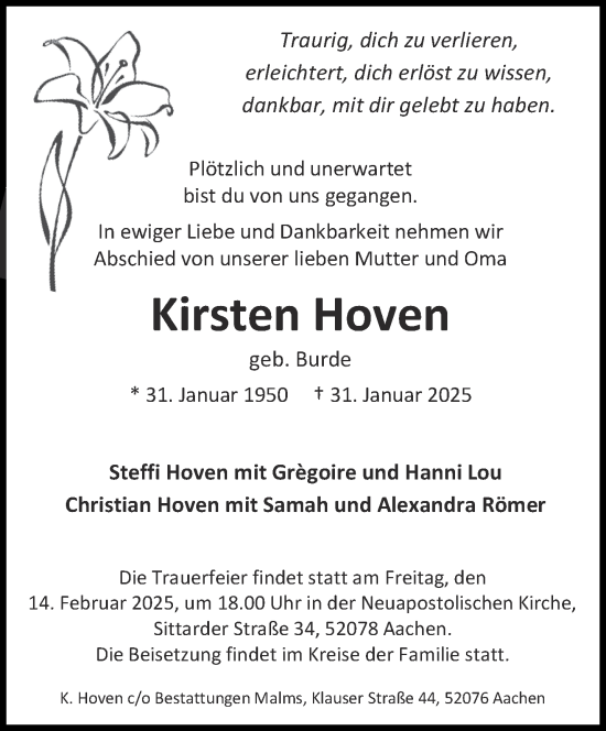 Traueranzeige von Kirsten Hoven von Aachener Zeitung