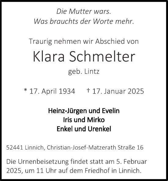 Traueranzeige von Klara Schmelter von Zeitung am Sonntag