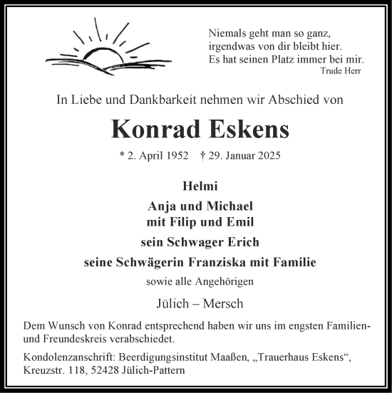 Traueranzeige von Konrad Eskens von Zeitung am Sonntag