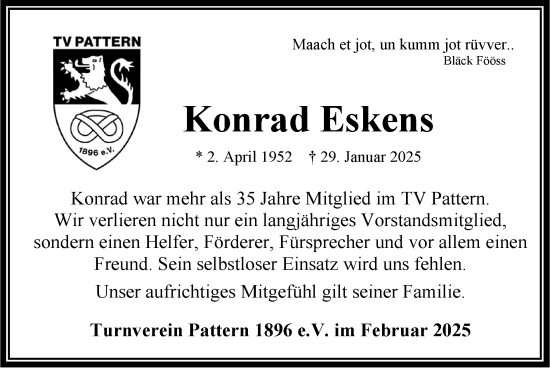 Traueranzeige von Konrad Eskens von Zeitung am Sonntag