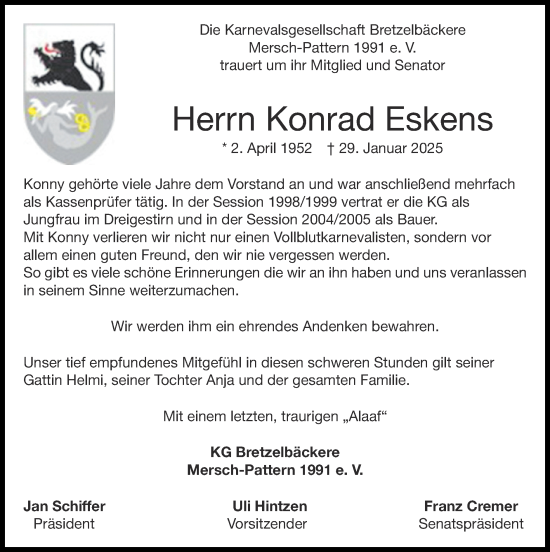 Traueranzeige von Konrad Eskens von Zeitung am Sonntag