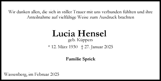 Traueranzeige von Lucia Hensel von Zeitung am Sonntag
