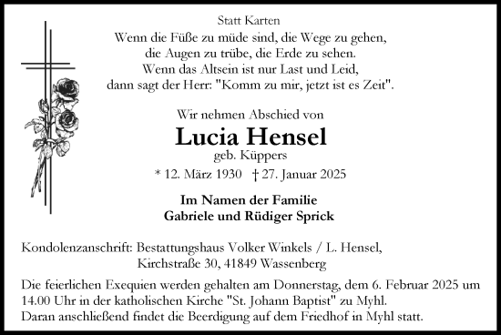 Traueranzeige von Lucia Hensel von Zeitung am Sonntag
