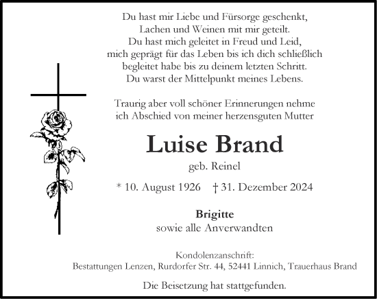 Traueranzeige von Luise Brand von Zeitung am Sonntag