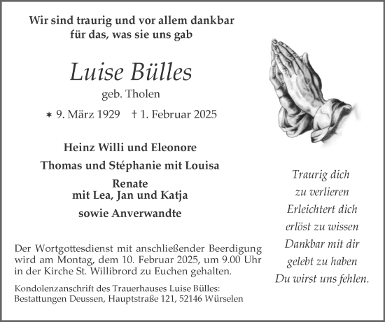 Traueranzeige von Luise Bülles von Zeitung am Sonntag