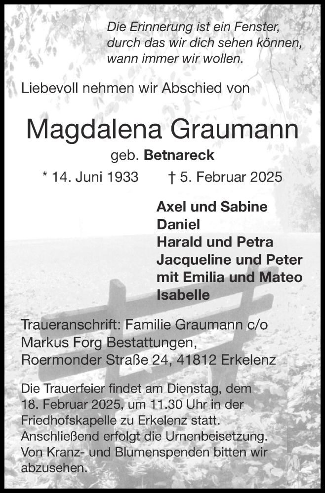  Traueranzeige für Magdalena Graumann vom 16.02.2025 aus Zeitung am Sonntag