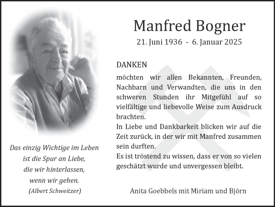 Traueranzeige von Manfred Bogner von Zeitung am Sonntag