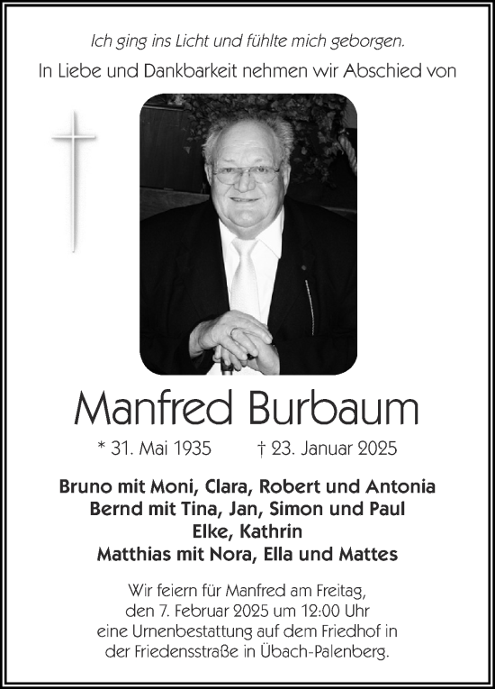 Traueranzeige von Manfred Burbaum von Zeitung am Sonntag
