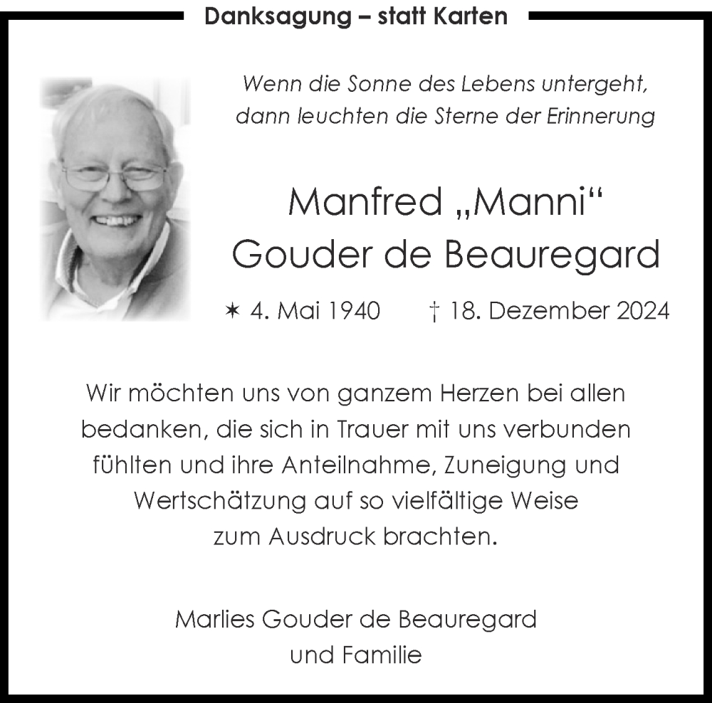 Traueranzeige für Manfred Gouder de Beauregard vom 08.02.2025 aus Aachener Zeitung