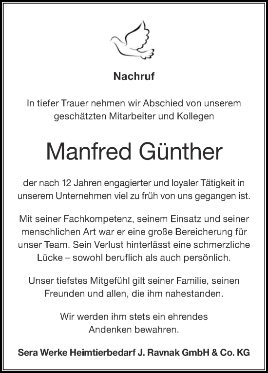 Traueranzeige von Manfred Günther von Zeitung am Sonntag