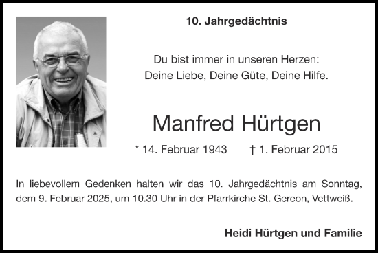 Traueranzeige von Manfred Hürtgen von Zeitung am Sonntag