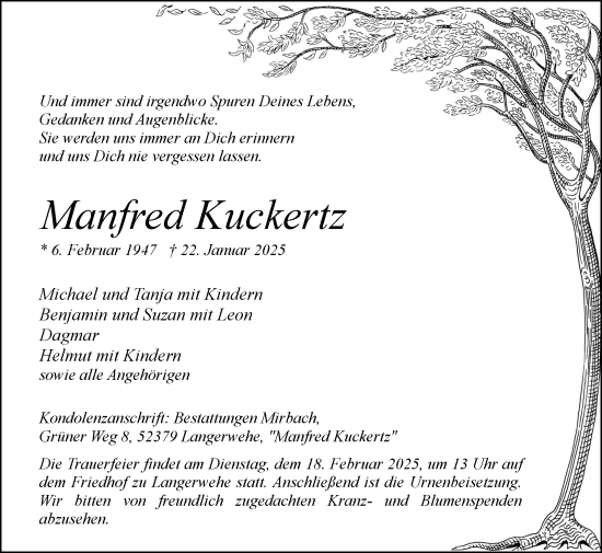 Traueranzeige von Manfred Kuckertz von Zeitung am Sonntag