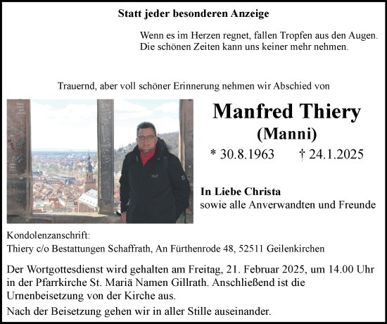 Traueranzeige von Manfred Thiery von Zeitung am Sonntag