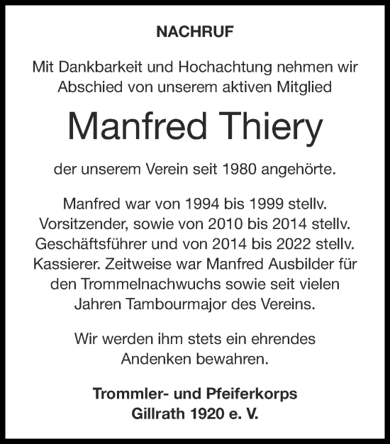 Traueranzeige von Manfred Thiery von Zeitung am Sonntag