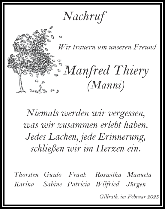 Traueranzeige von Manfred Thiery von Zeitung am Sonntag