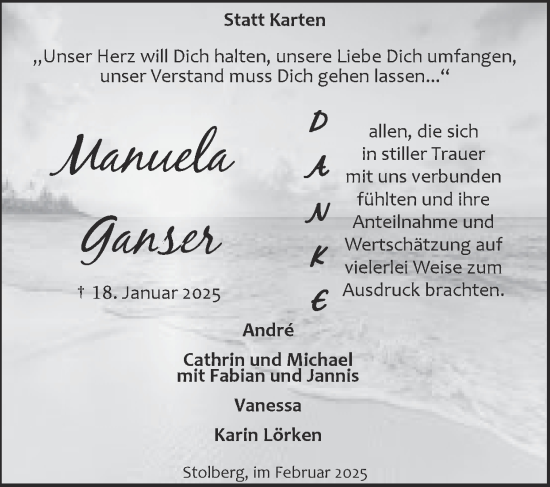 Traueranzeige von Manuela Ganser von Zeitung am Sonntag