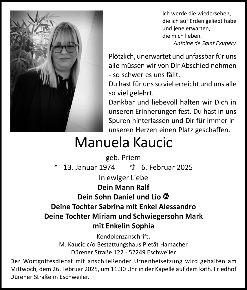  Traueranzeige für Manuela Kaucic vom 23.02.2025 aus Zeitung am Sonntag