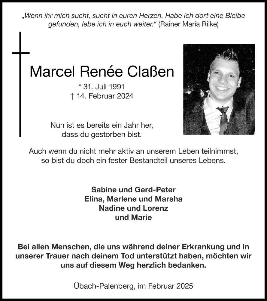  Traueranzeige für Marcel  Claßen vom 16.02.2025 aus Zeitung am Sonntag