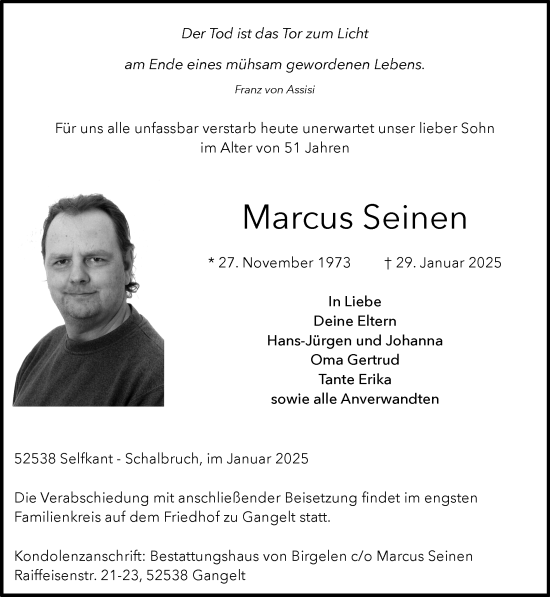 Traueranzeige von Marcus Seinen von Zeitung am Sonntag
