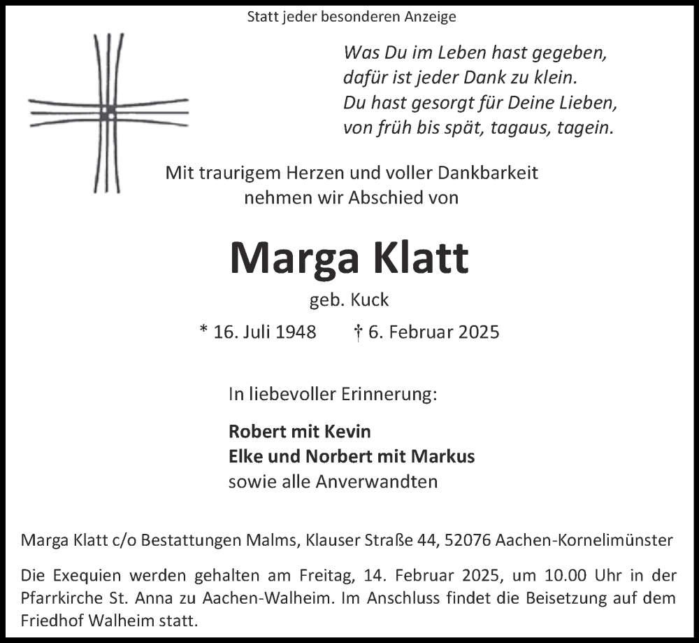  Traueranzeige für Marga Klatt vom 09.02.2025 aus Zeitung am Sonntag