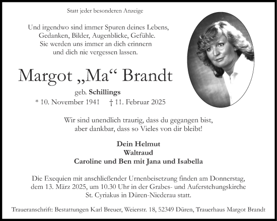 Traueranzeige von Margot Brandt von Aachener Zeitung