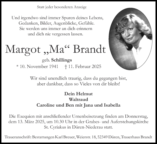Traueranzeige von Margot Brandt von Zeitung am Sonntag