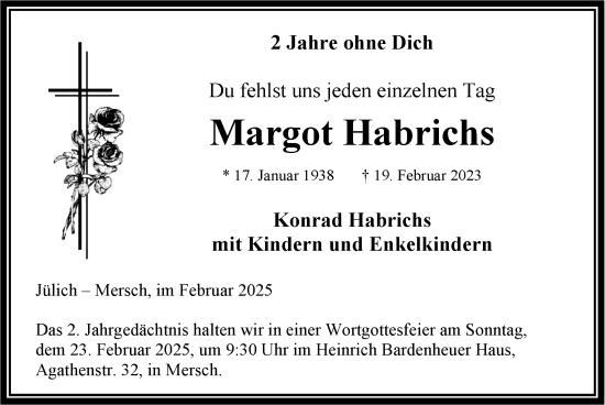 Traueranzeige von Margot Habrichs von Zeitung am Sonntag