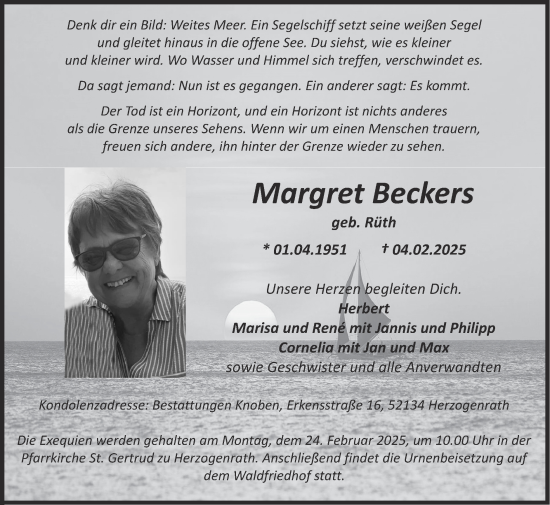 Traueranzeige von Margret Beckers von Zeitung am Sonntag
