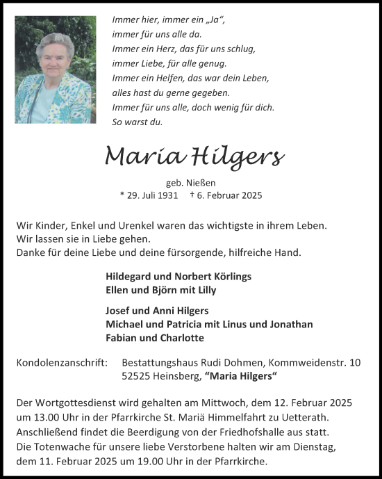 Traueranzeige von Maria Hilgers von Zeitung am Sonntag