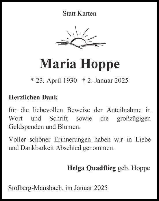 Traueranzeige von Maria Hoppe von Zeitung am Sonntag