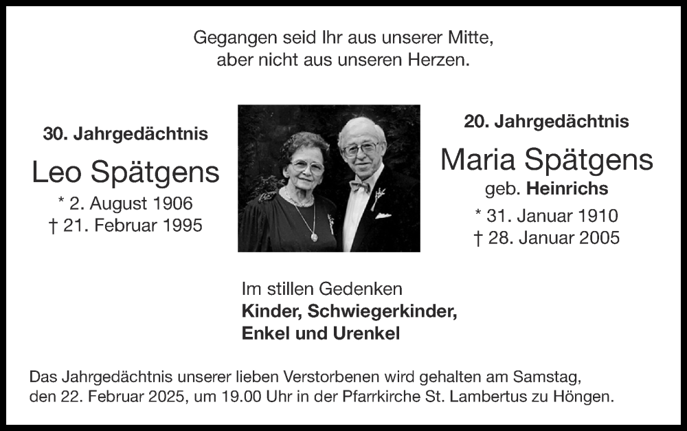  Traueranzeige für Maria Spätgens vom 16.02.2025 aus Zeitung am Sonntag