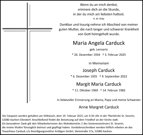 Traueranzeige von Maria Angela Carduck von Aachener Zeitung
