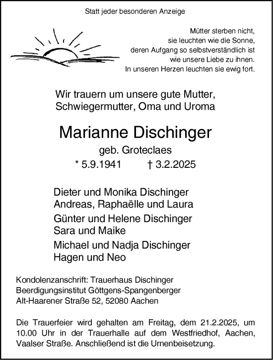 Traueranzeige von Marianne Dischinger von Aachener Zeitung