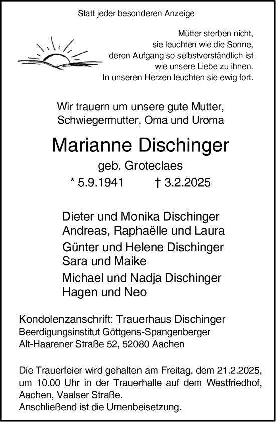 Traueranzeige von Marianne Dischinger von Zeitung am Sonntag