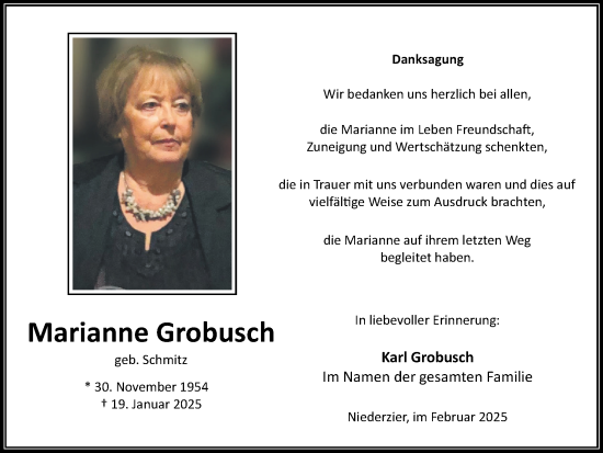 Traueranzeige von Marianne Grobusch von Zeitung am Sonntag