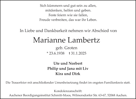 Traueranzeige von Marianne Lambertz von Aachener Zeitung
