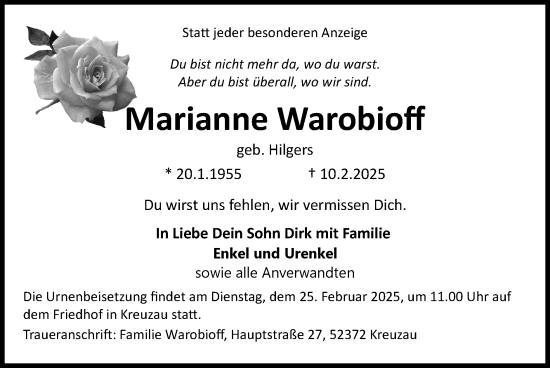 Traueranzeige von Marianne Warobioff von Zeitung am Sonntag