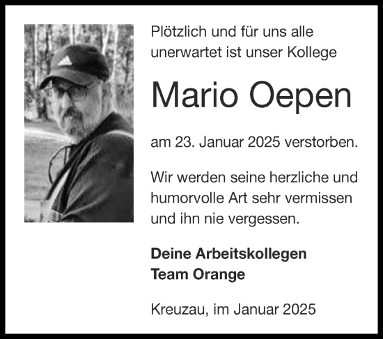 Traueranzeige von Mario Oepen von Zeitung am Sonntag