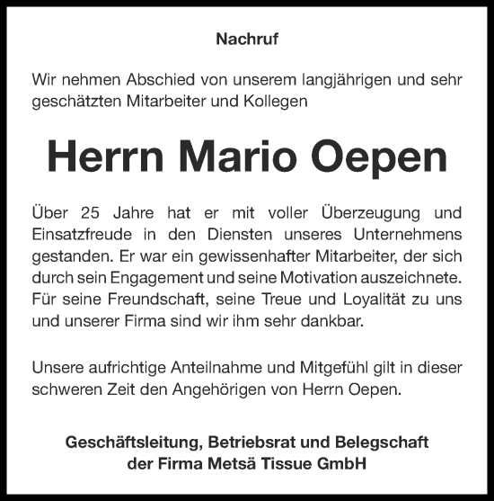 Traueranzeige von Mario Oepen von Zeitung am Sonntag
