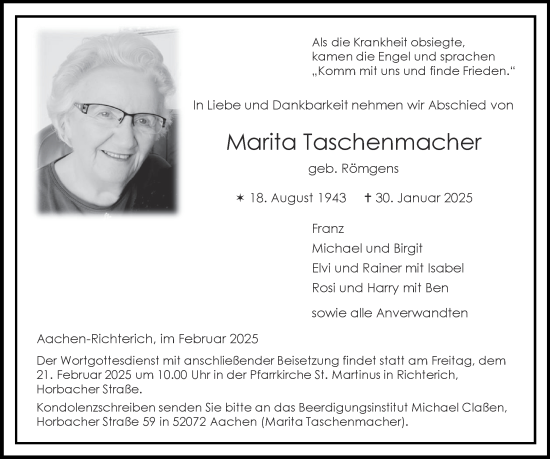 Traueranzeige von Marita Taschenmacher von Aachener Zeitung