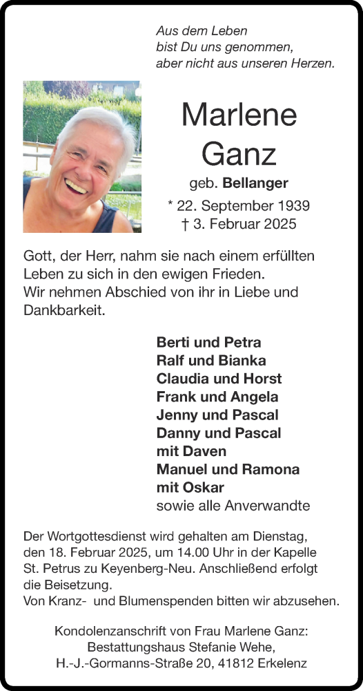 Traueranzeige von Marlene Ganz von Zeitung am Sonntag