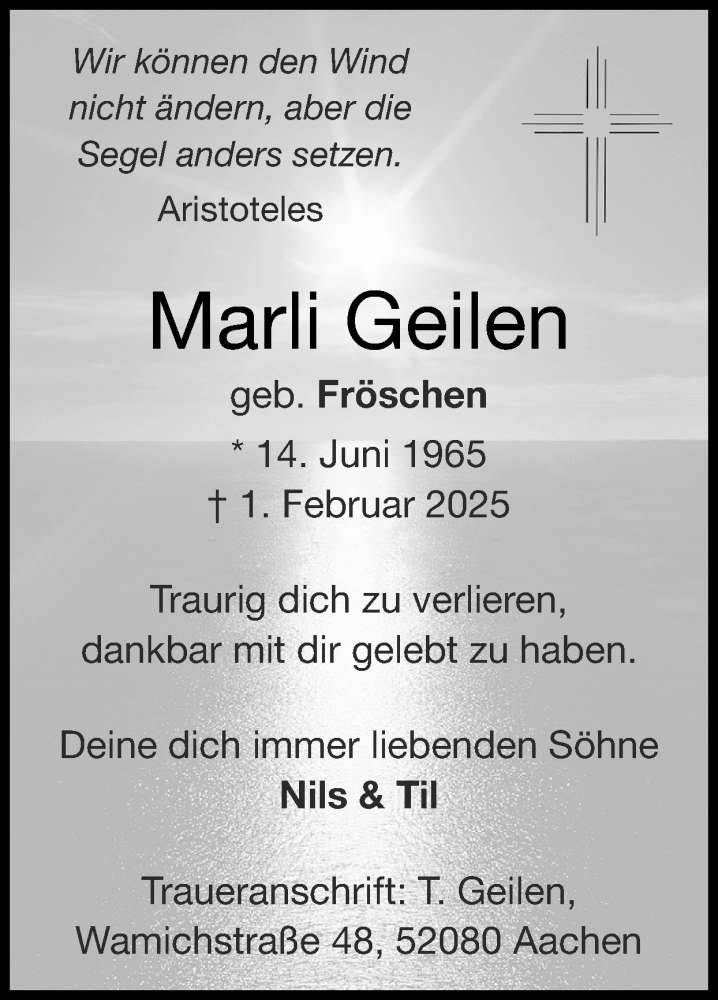  Traueranzeige für Marli Geilen vom 09.02.2025 aus Zeitung am Sonntag