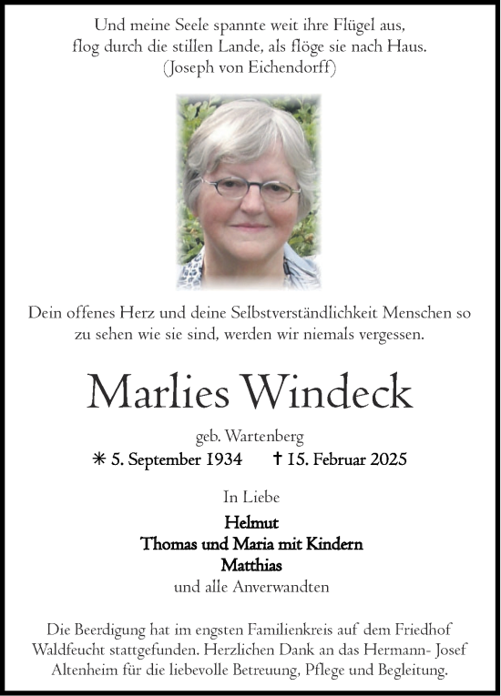 Traueranzeige von Marlies Windeck von Zeitung am Sonntag