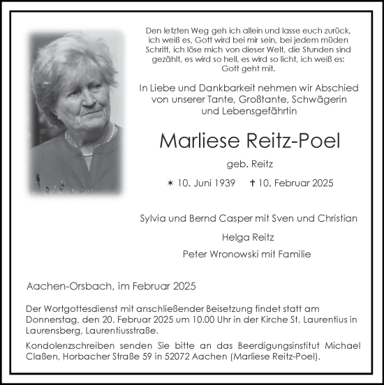 Traueranzeige von Marliese Reitz-Poel von Zeitung am Sonntag